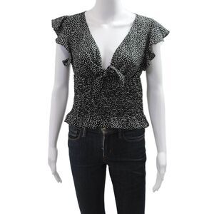 Gab kate Women Cropped Blouse Black Polka Dot V-Neck Tie Short Sleeve Size S
